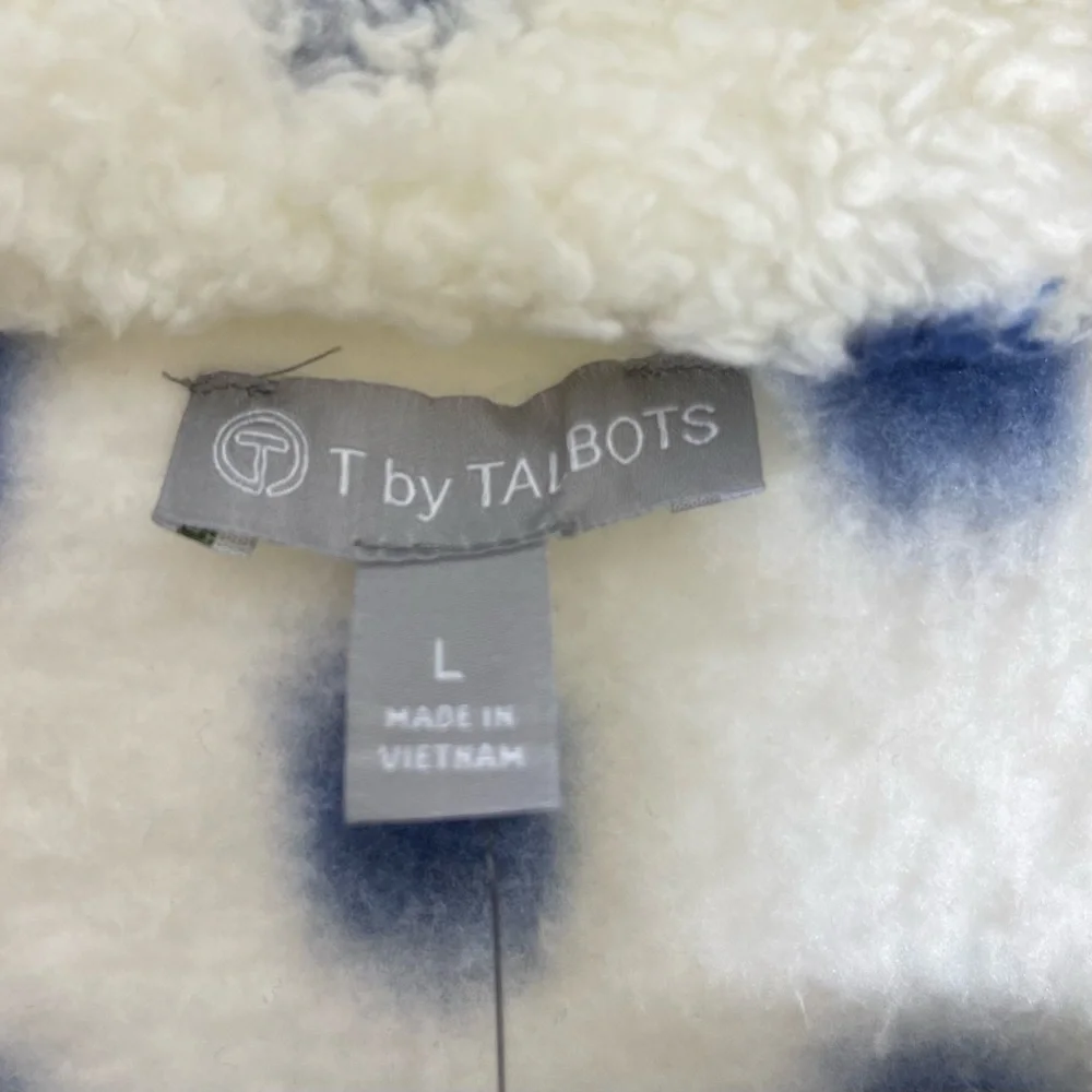 T By Talbots Fleece Jacket Womens Size L Plush Full Zip Sherpa Ivory Polka Dots - Picture 7 of 12